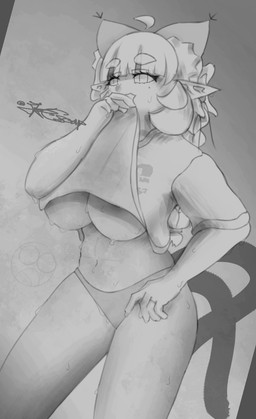 2_tails abs ahoge big_breasts bodily_fluids bottomless braided_hair breasts cat_tail clothed clothing female hair inner_ear_fluff mole_under_eye multi_tail panties pigtails pointy_ears ribbons shirt solo standing steam sweat sweatdrop sweaty_body sweaty_breasts sweaty_legs sweaty_thighs t-shirt tail topwear tuft twin_braids under_boob underwear wiping_mouth 3000eurosoap animal_humanoid cat_humanoid felid felid_humanoid feline feline_humanoid human humanoid mammal mammal_humanoid greyscale hi_res monochrome