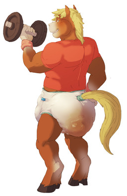 anthro biped blonde_hair blush clothed clothing diaper exercise feces hair looking_back male muscular muscular_anthro muscular_male rear_view red_clothing red_shirt red_topwear sagging_diaper shirt simple_background smile soiled_diaper soiling solo topwear unclean_diaper used_diaper wearing_diaper weightlifting white_background white_diaper workout daire301 equid equine horse mammal 2015 digital_media_(artwork) hi_res