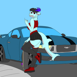 alondra_rogers anthro antlers bottomwear brutusairsoft cigarette clothing crop_top female holding_cigarette holding_object horn leaning_on_object legwear pose shirt skateboard skirt solo stockings topwear vehicle ford ford_mustang mythology nike aquatic dragon fish hybrid mythological_creature mythological_scalie scalie shark 1:1 hi_res