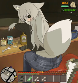 alcohol anthro bar bedroom_eyes beverage black_clothing black_shirt black_topwear blush bottomwear cellphone clothed clothing denim denim_bottomwear denim_clothing electronics female fur gameplay_mechanics grey_body grey_fur hair heads_up_display hud jeans kemono looking_at_viewer looking_back midriff narrowed_eyes pants phone rear_view seductive shirt sitting smartphone smile solo tail tail_motion tailwag topwear doremifaso64 adventure_time cartoon_network grand_theft_auto microsoft minecraft mojang rockstar_games xbox_game_studios bmo canid canine canis mammal wolf wolf_(minecraft) 2025 animated colored digital_media_(artwork) shaded short_playtime sound video