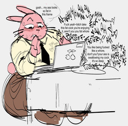 anthro clothing collared_shirt computer dialogue dress_shirt electronics fur grey_background half-closed_eyes heart_symbol khakis laptop looking_at_porn male narrowed_eyes necktie pink_body pink_fur pornography shirt simple_background solo speech_bubble text thick_thighs topwear wide_hips gat0pussy24 cartoon_network the_amazing_world_of_gumball richard_watterson lagomorph leporid mammal rabbit english_text hi_res