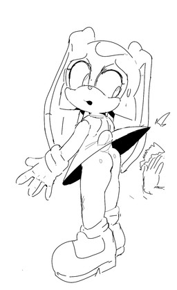 anthro bodily_fluids butt_slap clothed clothing disembodied_hand female fur gloves hair handwear nervous nervous_sweat no_underwear nude simple_background slap solo spanking sweat young young_anthro kranson sega sonic_the_hedgehog_(series) cream_the_rabbit lagomorph leporid mammal rabbit digital_media_(artwork) hi_res monochrome