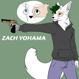 anthro blue_eyes bottomwear burn_scar clothing denim denim_bottomwear denim_clothing fur green_eyes green_hair gun hair heterochromia hoodie jeans male pants prosthetic prosthetic_arm prosthetic_limb ranged_weapon scar solo text topwear weapon white_body white_fur extantdecay zach_yohama arctic_fox canid canine fox mammal true_fox 1:1 character_name hi_res model_sheet