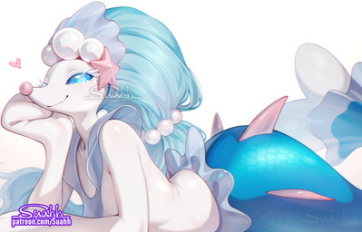 ambiguous_gender arm_support blue_eyes blue_hair eyelashes fangs feral gem hair heart_symbol leaning_on_elbow looking_at_viewer one_eye_closed pearl_(gem) simple_background solo split_form starfish_(accessory) teeth text white_body suahh nintendo pokemon asterozoan echinoderm generation_7_pokemon marine pokemon_(species) primarina starfish 2025 signature url