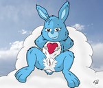 3_toes anthro bent_arm blue_body blue_fur blue_nose cloud feet female fur genitals hands_behind_head heart_(marking) looking_at_viewer lounging markings on_cloud photo_background presenting presenting_pussy pussy smile smiling_at_viewer solo spread_legs spreading toes earthbone care_bear_cousins care_bears swift_heart_rabbit lagomorph leporid mammal rabbit photography_(artwork)