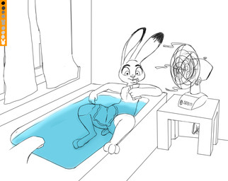 anthro bath bathroom bathtub beverage casual_nudity ears_up fanning female nude solo towel water wet spoof_(artist) disney zootopia judy_hopps lagomorph leporid mammal rabbit line_art