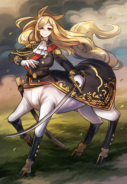 ascot blonde_hair blue_eyes brown_body brown_fur clothed clothed_taur clothing female fur gloves hair handwear holding_object holding_weapon hooves horse_ears horse_tail melee_weapon military_uniform noblewoman outside solo standing sword taur_clothing uniform weapon hogara european_mythology greek_mythology mythology estelle_bellegarde centaur equid equid_taur humanoid_taur mammal mammal_taur taur hi_res
