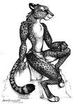 anthro bottomwear clothing grin loincloth male rock sitting smile solo tail amara_telgemeier cheetah felid feline mammal 1997 black_and_white monochrome traditional_media_(artwork)