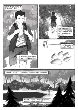 comic_panel male narration nature plant solo text text_box tree alphasabre silas_(alphasabre) human mammal comic english_text greyscale hi_res monochrome story