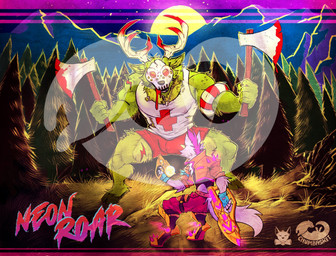 anthro antlers axe blood blood_from_mouth blood_in_mouth bodily_fluids bulge cheek_tuft clothed clothing duo facial_tuft front_view fur grass green_body green_fur holding_axe holding_object hooves horn logo male male_anthro moon mouth_closed muscular muscular_anthro muscular_male night outside plant red_eyes side_view size_difference standing text tree tuft white_body white_fur chumbasket canid canine deer mammal artist_logo artist_name hi_res watermark