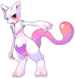 ambiguous_anthro ambiguous_gender anthro blush chest_tuft chibi claws eyelashes featureless_crotch fluffy fur kemono looking_aside looking_away open_mouth open_smile pawpads purple_body raised_arm red_eyes semi-anthro simple_background smile solo standing tailbutt three-quarter_view tuft white_background white_body white_fur wide_crotch suppainu nintendo pokemon generation_1_pokemon legendary_pokemon mewtwo pokemon_(species) 2008 digital_media_(artwork) shaded