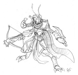 amputee antennae_(anatomy) anthro arbalist armor cape clothed clothing crossbow dagger disability dual_wielding holding_object holding_weapon mandibles melee_weapon multi_arm multi_limb ranged_weapon reverse_grip scar solo weapon wes_talbott dungeons_and_dragons hasbro wizards_of_the_coast arthropod insect thri-kreen absurd_res black_and_white hi_res monochrome