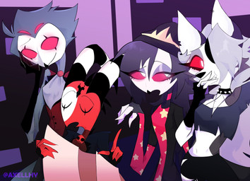 clothing eyes_closed family female group male multi_eye red_eyes selfie axellhy hellaverse helluva_boss mythology blitzo_(helluva_boss) loona_(helluva_boss) octavia_(helluva_boss) stolas_(helluva_boss) avian bird canid canid_demon canine canis demon hellhound mammal mythological_canine mythological_creature owl wolf absurd_res hi_res daughter_(lore) father_(lore) father_and_child_(lore) father_and_daughter_(lore) parent_(lore) parent_and_child_(lore) parent_and_daughter_(lore)