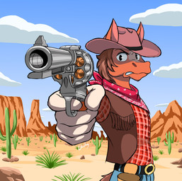 aiming aiming_at_viewer aiming_gun aiming_weapon angry anthro belt belt_buckle belt_pouch brown_hair buckle cactus clothing cloud cowboy cowboy_hat cowboy_outfit desert ears_up eyebrows fur gun hair handgun hat headgear headwear looking_at_viewer male mountain orange_body orange_fur outside plant ranged_weapon revolver sky solo teeth teeth_showing weapon wearing_hat wild_west chisheq equid equine horse mammal hi_res