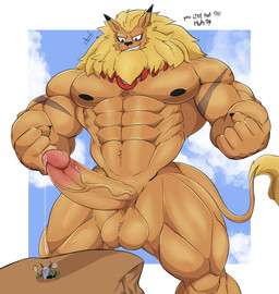 abs anthro balls biceps duo extreme_size_difference genitals macro male mane micro muscular muscular_anthro muscular_male nipples pecs penis scar size_difference tail vein veiny_penis wolfblack43 bandai_namco digimon digimon_(species) felid humanoid leomon lion mammal ogremon pantherine hi_res