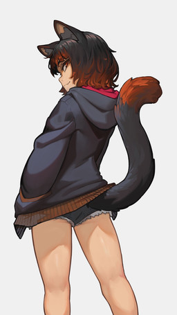 bottomwear butt clothing female hand_in_pocket hoodie looking_at_viewer looking_back looking_back_at_viewer pockets rear_view shorts simple_background smile solo tail topwear paintrfiend animal_humanoid cat_humanoid felid felid_humanoid feline feline_humanoid humanoid mammal mammal_humanoid 2026 digital_media_(artwork) hi_res