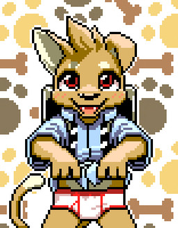 abstract_background anthro backpack biped blush briefs brown_body brown_fur brown_hair clothed clothing clothing_lift colored_seam_underwear fangs fur hair looking_at_viewer male red_eyes red_seam_underwear shirt shirt_lift solo standing teeth tongue topwear underwear white_body white_briefs white_clothing white_fur white_underwear young young_anthro young_male harmarist aj_(ajisthebest) canid canine canis domestic_cat domestic_dog felid feline felis hybrid mammal digital_media_(artwork) low_res pixel_(artwork)