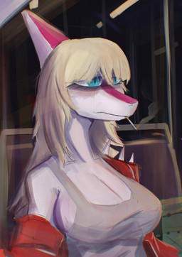 anthro big_breasts biped blonde_hair blue_eyes bone_frill breasts bus chair cigarette clothed clothed_anthro clothed_female clothing commercial_vehicle female fire frill_(anatomy) frown furniture hair inside jacket long_hair non-mammal_breasts pink_body red_clothing red_jacket red_topwear sad shirt smoke smoking smoking_cigarette solo spiked_jacket tank_top text topwear vehicle white_body white_clothing white_shirt white_tank_top white_topwear theumslayer cavemanon_studios i_wani_hug_that_gator mia_moretti dinosaur hadrosaurid ornithischian ornithopod parasaurolophus prehistoric_species reptile scalie 2024 absurd_res artist_name bust_portrait colored hi_res portrait shaded