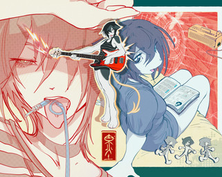 amplifier anthro bass_guitar ben_day_dots black_hair book breasts cable chibi cjk_character clothing detailed_background electric_fan electricity female guitar hair long_hair looking_at_viewer musical_instrument open_mouth plucked_string_instrument reading shirt smile solo string_instrument tongue tongue_out topwear conditional_dnp sumiaou sketch_(sumiaou) domestic_cat felid feline felis mammal hi_res