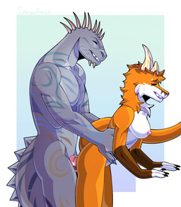 anthro blue_body bodyguard_position border breasts brown_body countershading duo female from_behind_position genitals gradient_background hair horn male male/female multicolored_body nipples non-mammal_breasts non-mammal_nipples nude orange_body orange_hair penetration penis sex simple_background standing standing_sex vaginal vaginal_penetration white_body white_border white_countershading white_horn sairusfrost microsoft mythology the_elder_scrolls julia_(werefox) roe_(epicothebrave) argonian dragon mythological_creature mythological_scalie scalie 2025 hi_res