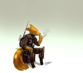 anthro armor backpack bandage biped body_armor cigarette clothed clothing cybernetic_leg cybernetic_limb gradient_background male simple_background sitting smoking solo panzery25 canid canine fox mammal 2017 signature
