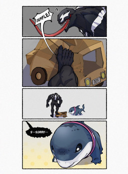 cardboard dialogue duo feral humor male sad sharp_teeth teeth text tongue tongue_out toy toy_car yamuoez marvel marvel_rivals jeff_the_land_shark venom_(marvel) aquatic fish humanoid shark comic english_text hi_res