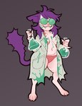 anthro areola areola_slip biped clothed clothing coat eyewear female flask glasses hair lab_coat panties purple_hair scientist slime solo topwear underwear wonderslug kimchi_(wonderslug) domestic_cat felid feline felis mammal