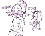 areola breasts clothed clothing duo ear_piercing female humanoid_pointy_ears narrowed_eyes navel nipples not_furry open_mouth open_smile piercing pointy_ears pseudo_hair question_mark simple_background smile tentacle_hair tentacles topless topless_female hexanne nintendo splatoon frye_(splatoon) shiver_(splatoon) animal_humanoid cephalopod cephalopod_humanoid humanoid inkling marine marine_humanoid mollusk mollusk_humanoid octarian octoling 2022 monochrome