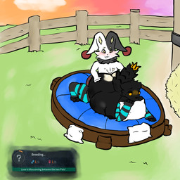 anthro areola arm_warmers armwear bed belly big_belly big_breasts big_butt black_areola black_body black_fur blush bodily_fluids breasts breeding_farm breeding_kink butt butt_grab clothing cum cum_inflated_belly cum_inflation cum_inside cum_on_body cum_on_butt cum_while_penetrated cumshot curvy_figure doggystyle duo ejaculation female female_symbol fence fluffy fluffy_tail from_behind_position fur furniture gameplay_mechanics gender_symbol genital_fluids gripping_pillow hand_on_butt huge_belly huge_butt huge_thighs inflation interspecies legwear looking_pleasured lying male male/female male_symbol mostly_nude neck_tuft nude_anthro on_front orange_sclera outside_sex penetration progress_bar sex sunset symbol tail text thick_thighs thigh_highs three-quarter_view tuft voluptuous voluptuous_female wide_hips cacemomarerona casualties:_unknown palworld pocketpair dupin_(pal) expie_(gunsawian) gunsawian pal_(species) 1:1 2026 digital_media_(artwork) english_description english_text hi_res