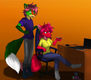 anthro bottomwear clothing computer desk duo electronics eyewear female fur furniture glasses green_body green_eyes green_fur hair laptop male pants pen red_body red_fur red_hair shirt sitting table tablet topwear matz_the_kames matros_(matz_the_kames) sophie_(matz_the_kames) canid canine canis mammal wolf absurd_res hi_res