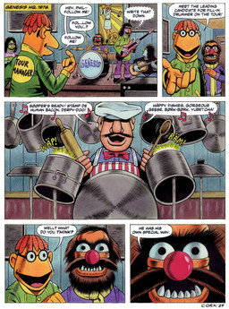 4_fingers 5_fingers acoustic_guitar anthro apron balding beard big_nose blonde_hair blue_body blue_skin bow_tie brown_beard brown_facial_hair brown_hair brown_mustache chef_hat clothing cookware dialogue door dreadlocks dress drum drumstick_(musical) electric_guitar eyebrows eyewear facial_hair female fingers frying_pan glasses gold_(metal) gold_tooth green_body green_clothing green_jacket green_skin green_topwear group guitar hair hat headgear headwear humor jacket kitchen_utensils lips long_hair male musical_instrument musical_note musical_symbol mustache noseless onomatopoeia orange_body orange_nose parody percussion_instrument plucked_string_instrument poster pots pun purple_body purple_clothing purple_skin purple_sweater purple_topwear red_hair red_nose rolling_pin scarf sound_effects speech_bubble string_instrument sweater symbol text thick_lips tools topwear unibrow white_clothing white_dress whiteboard wooden_spoon yellow_body yellow_nose bruce_mccorkindale genesis_(band) muppets the_muppet_show animal_(muppets) dr._teeth floyd_pepper janice_(muppets) lips_(muppets) scooter_(muppets) the_swedish_chef zoot_(muppets) humanoid monster muppet 2024 artist_name comic crossover english_text hi_res mixed_media signature