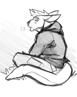 anthro bottomwear claws clothed clothing ears_back hair hoodie male male_anthro mouth_closed narrowed_eyes pants pivoted_ears short_hair side_view simple_background sitting solo tail tired toe_claws topwear solaxe_(artist) solaxe kangaroo macropod mammal marsupial hi_res monochrome sketch