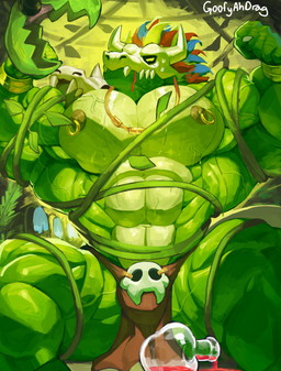2_horns 6_fingers anthro areola barazoku big_muscles big_pecs bodily_fluids bone bone_mask bottomwear bound bracelet brown_bottomwear brown_clothing brown_loincloth claws clothed clothing countershade_torso countershading finger_claws fingers green_body green_scales head_horn horn huge_muscles huge_pecs jewelry loincloth loincloth_only looking_at_another male mask muscular muscular_male necklace nervous nervous_sweat nipple_piercing nipple_ring nipples non-mammal_nipples pecs piercing plant potion_bottle ring_piercing scales skull skull_mask solo sweat text topless vein veiny_muscles vines yellow_eyes yellow_jewelry yellow_necklace yellow_piercing goofyahdragons terraria witch_doctor_(terraria) lihzahrd 2025 artist_name digital_drawing_(artwork) digital_media_(artwork) hi_res portrait three-quarter_portrait