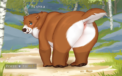ambiguous_gender anus blue_eyes brown_body brown_fur brown_pawpads butt button_prompt feral fur looking_at_viewer pawpads pink_anus presenting presenting_anus solo white_body white_fur gorchitsa_(artist) mishka_(fishymishy) bear mammal 16:10 absurd_res hi_res widescreen male_(lore)