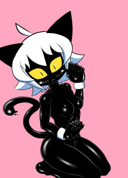 5_fingers anthro black_body black_goo breasts clothed clothing featureless_breasts female fingers glistening glistening_body hair kneeling looking_at_viewer nude pink_background seiza simple_background sitting solo three-quarter_view white_hair yellow_sclera actual_garbage_(artist) nenekoko_(crap-man) domestic_cat felid feline felis goo_creature humanoid mammal absurd_res hi_res source_request