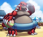 ambiguous_gender beach belly big_belly claws feral inflatable inner_tube obese open_mouth overweight red_body seaside sky solo spikes spikes_(anatomy) standing umbrella on_ice_(artist) nintendo pokemon generation_3_pokemon groudon legendary_pokemon pokemon_(species) absurd_res hi_res