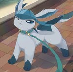 all_fours ambiguous_gender blue_body blue_eyes blue_fur collar fangs feral frown fur green_collar leash one_eye_closed quadruped small_fangs solo tail teeth olyester it_fucken_wimdy nintendo pokemon eeveelution generation_4_pokemon glaceon mammal pokemon_(species)