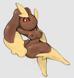 anthro areola big_ears breasts brown_areola brown_body brown_fur brown_nipples dipstick_ears ear_markings eyebrows female floppy_ears front_view fur grey_background hands_behind_head long_ears looking_at_viewer lop_ears multicolored_ears nipples nude pink_nose red_eyes simple_background smile solo tan_body tan_fur thick_eyebrows thick_thighs wide_hips colono nintendo pokemon generation_4_pokemon lopunny pokemon_(species) low_res