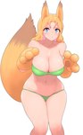 alternate_species animal_ears animal_gloves animal_tail big_breasts big_tail bikini blue_eyes blush blush_lines breasts brown_body brown_fur cleavage clothed clothing dipstick_tail eyelashes female fur gloves green_bikini green_clothing green_swimwear hair handwear huge_breasts long_hair looking_at_viewer markings orange_body orange_clothing orange_fur orange_gloves orange_hair orange_handwear simple_background skindentation solo swimwear tail tail_markings thick_thighs two-piece_swimsuit whiskers white_background wide_hips kous gradius konami parodius corn_chiwa animal_humanoid canid canid_humanoid canine canine_humanoid fox_humanoid humanoid mammal mammal_humanoid 5:8 hi_res