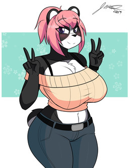 5_fingers big_breasts blush breasts clothed clothing female fingers fully_clothed gesture hair hand_gesture huge_breasts pink_hair purple_eyes smile smiling_at_viewer solo v_sign year jwinkz lynn_(jwinkz) bear giant_panda mammal 2019 hi_res signature