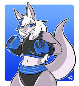 abs anthro bikini bikini_bottom boxing_gloves bra clothing female hair hair_over_eye handwear simple_background solo sports_bra swimwear two-piece_swimsuit underwear the_k9_empire vulpinecrew kangaroo macropod mammal marsupial absurd_res hi_res