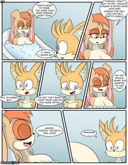 age_difference anthro bath bathing bathtub big_breasts breasts dialogue duo female male male/female mature_female older_female text younger_male luckster1234 sega sonic_the_hedgehog_(series) miles_prower vanilla_the_rabbit canid canine fox lagomorph leporid mammal rabbit comic english_text hi_res