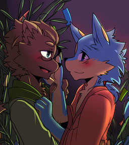 4_fingers anthro anthro_on_anthro black_nose blue_body blue_eyes blue_fur brown_body brown_fur cheek_tuft chest_tuft claws clothed clothing dipstick_ears duo ear_markings eye_contact eyebrows eyewear facial_tuft fingers fur fur_markings glasses grass hair hand_on_chest hand_on_face head_tuft hug leaf looking_at_another looking_at_partner male male/male markings multicolored_body multicolored_ears multicolored_fur open_mouth open_smile plant ponytail purple_background robe romantic romantic_couple simple_background smile tan_body tan_fur thick_eyebrows tongue tuft two_tone_body two_tone_fur saku1saya seiya_(saku1saya) canid canine canis domestic_dog mammal 2015