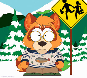 anthro bottomwear clothed clothing fur looking_at_viewer male orange_body orange_fur pants shirt sign snow solo standing toony topwear speechlessyeen comedy_central south_park orandies canid canine canis domestic_dog mammal procyonid raccoon hi_res