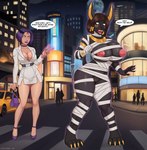 anthro big_breasts breast_expansion breasts brown_hair butt butt_expansion choker city claws clothing cloud dialogue duo expansion female footwear full_moon genitals gold_(metal) gold_jewelry hair high_heels humanoid_to_anthro jewelry moon necklace night nipples outside purple_clothing purple_footwear purple_hair purple_high_heels pussy shoes short_hair smile standing star surprised tail text transformation catchabird canid canine canis human jackal mammal 2023 digital_media_(artwork) english_text hi_res