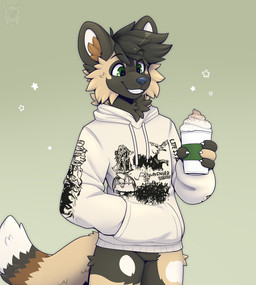 4_fingers anthro black_body black_eyebrows black_fur black_hair bottomless cheek_tuft chest_tuft claws clothed clothing coffee_cup container cup eyebrows facial_tuft fingers fur green_eyes hair holding_container holding_cup holding_object hoodie hoodie_only male multicolored_body multicolored_fur short_hair simple_background smile snout solo tail teeth topwear topwear_only tuft white_claws yellow_body yellow_fur fleurfurr african_wild_dog canid canine mammal colored digital_drawing_(artwork) digital_media_(artwork) hi_res shaded