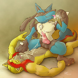3_fingers 3_toes abs anal anal_penetration anthro balls balls_deep barefoot biceps black_body black_fur black_skin blonde_hair blue_body blue_fur bodily_fluids body_hair chest_hair claws cowgirl_position cum cum_everywhere cum_in_mouth cum_inside cum_on_belly cum_on_body cum_on_chest cum_on_hand cum_on_own_tongue cum_on_penis cum_on_self cum_on_tongue cum_string cum_taste duo erection feet fingers from_front_position fur genital_fluids genitals grey_background grey_body grey_fur hair knot licking long_hair looking_at_viewer lying male male/male male_on_bottom male_on_top male_penetrated male_penetrating male_penetrating_male messy muscular narrowed_eyes nude on_bottom on_ground on_top one_eye_closed pecs penetration penis pink_penis pseudo_clothing raised_arm red_body red_eyes red_fur red_hair self_taste sex shadow sharp_teeth simple_background sitting spikes spread_legs spreading squint straddling tail teeth toes tongue tongue_out vein yellow_body yellow_fur raghan nintendo pokemon canid canine canis generation_4_pokemon lucario mammal pokemon_(species) wolf 2011 absurd_res hi_res