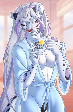 anthro bathrobe bedroom beverage black_clothing black_panties black_underwear breasts clothing container cup female fluffy fluffy_tail fur grey_hair hair highlights_(coloring) inner_boob light light_beam morning mug multicolored_body multicolored_fur multicolored_hair neck_tuft panties pose purple_highlights robe skinny solo spots sunbeam sunlight sunrise tail tea tea_cup tools tuft underwear waking_up chrysanthemummy shirt_cut_meme aurora_(snowrora) felid mammal pantherine snow_leopard hi_res meme pinup