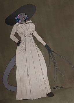 anthro big_breasts breasts claws clothing dress female fur gloves grey_body grey_fur hair handwear hat headgear headwear heterochromia lipstick makeup smile solo standing sun_hat sundress wide_brim_hat blokfort capcom resident_evil alcina_dimitrescu bow_experiment_(resident_evil) cadou_host_(resident_evil) domestic_cat felid feline felis mammal vampire 2021 hi_res