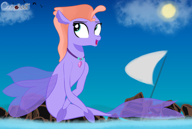 crossed_arms day female green_eyes hair hoof_hands jewelry logo looking_up necklace open_mouth orange_hair outside purple_body rock sitting sky solo split_form sun text translucent translucent_wings wings cosmonaut european_mythology greek_mythology hasbro my_little_pony mythology fan_character slipstream_(cosmonaut) aquatic equid fish hippocampus mammal merfolk artist_logo artist_name digital_drawing_(artwork) digital_media_(artwork) flat_colors full-length_portrait hi_res portrait